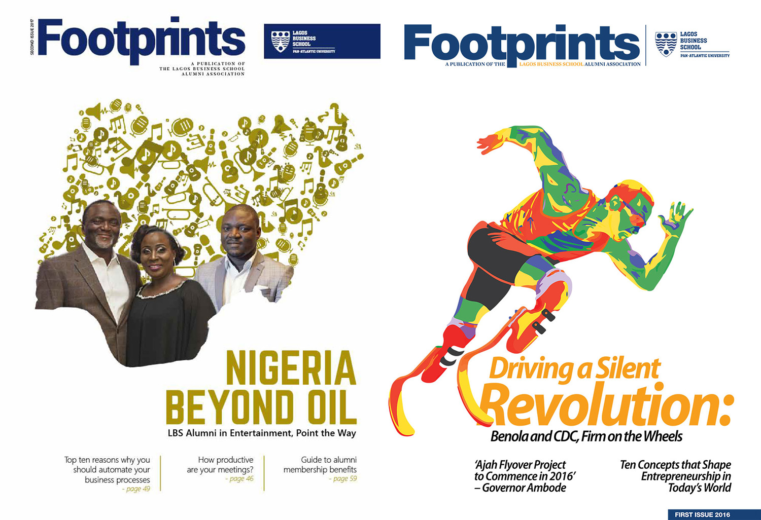 Covers of Footprints magazine show articles on Nigeria beyond oil and an article on driving a silent revolution featuring a graphic of a viable athlete running
